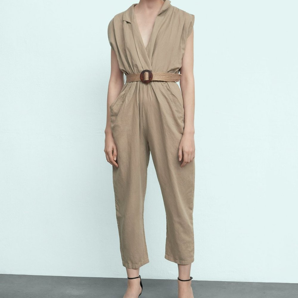 Zara Linen Blend Belted Jumpsuit Sand Sz XL, L